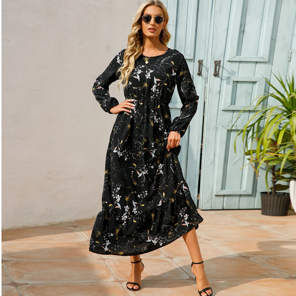 Vestido Maxi Mujer Bohemio - Manga Larga Cintura Alta Estampado Floral Chiffon Playa
