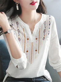Embroidered V-Neck Blouse - White Long Sleeve Top