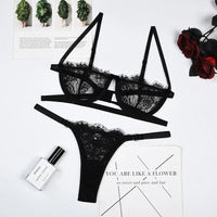 Conjunto de Lencería Bordado con Encaje - Sujetador Push Up y Braguita Transparente