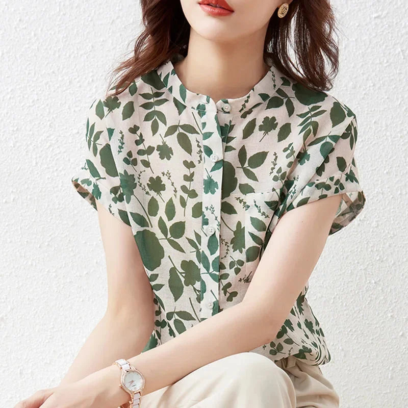 Floral Print Stand Collar Short Sleeve Blouse – Casual Women's Summer Top