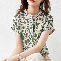Floral Print Stand Collar Short Sleeve Blouse – Casual Women's Summer Top