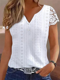 Lace Patch V-Neck Short Sleeve Blouse – Buttoned Solid Women's Summer Top