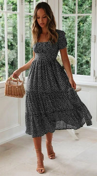 Vintage Dot Print Spaghetti Strap Midi Dress | Slim Empire Waist Women's Summer Beach Dress