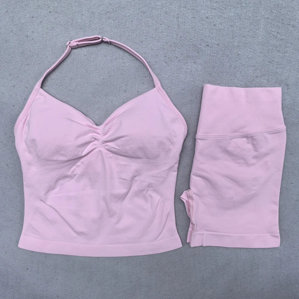 Conjunto Yoga 2 Piezas Mujer - Top Halter Sin Espalda y Shorts Cintura Alta Seamless