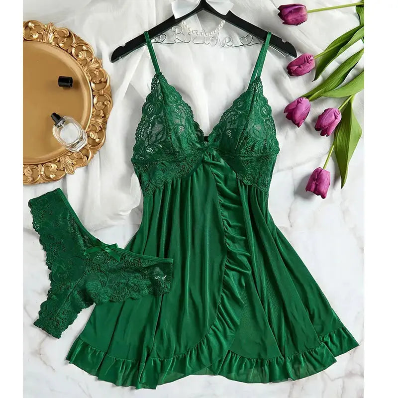 Conjunto de Lencería de Encaje 2 Piezas - Camisón Transparente con Sostén y Panty