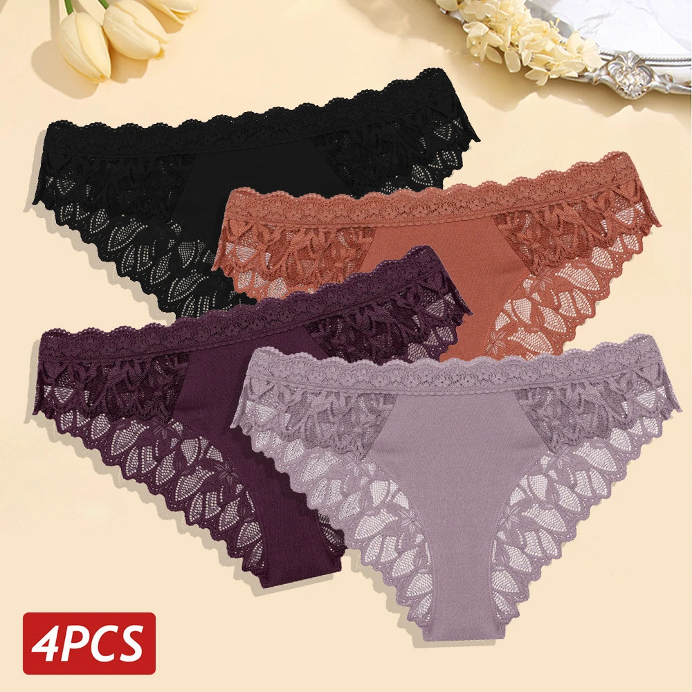 Set 4 Panties Sexy de Encaje Tiro Bajo - Lencería Transparente Elegante