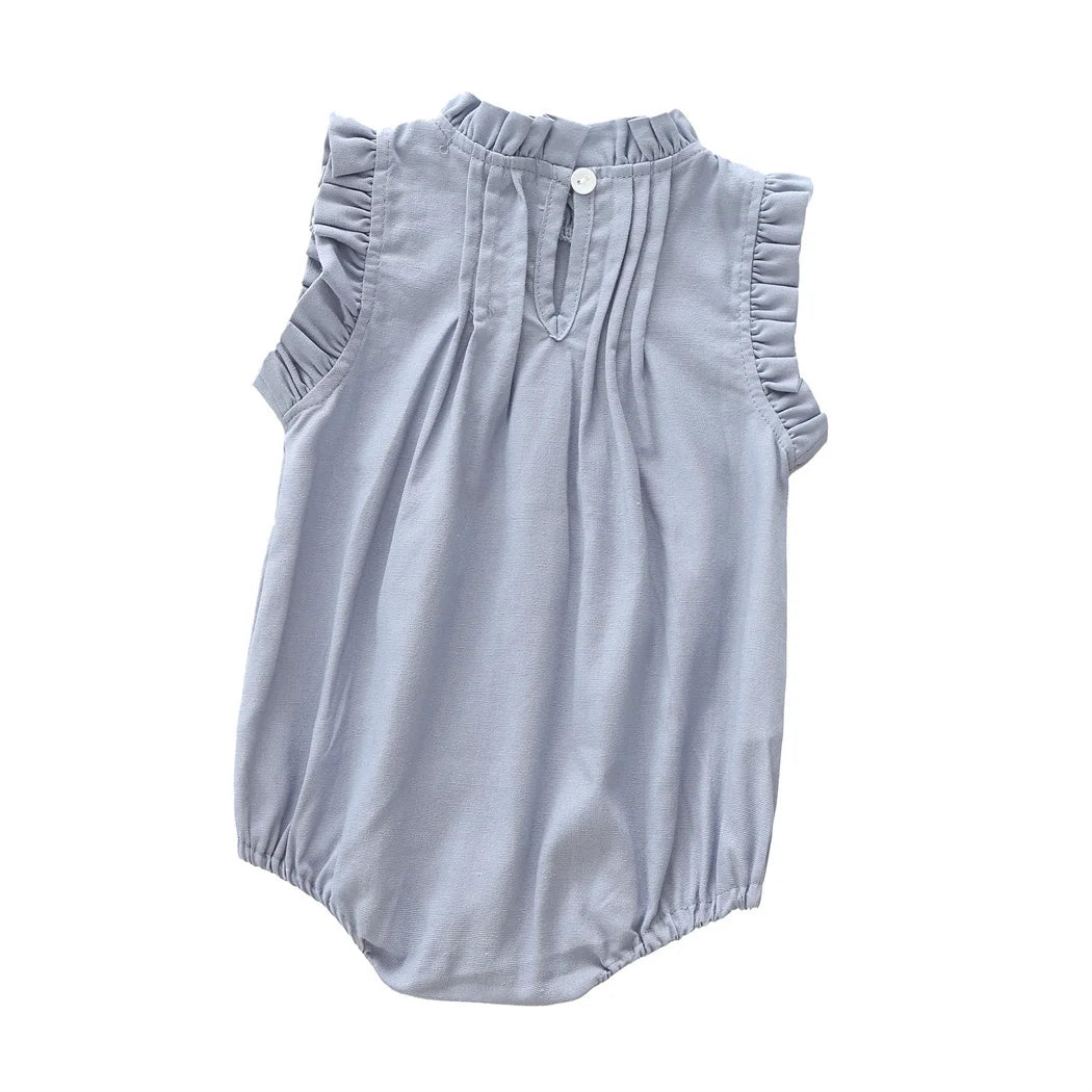 Baby Girls Vintage Linen & Cotton Ruffle Romper | Sleeveless Bodysuit, Ages 0–24M