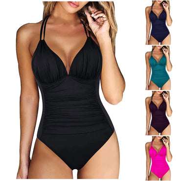 Women's One-Piece Padded Swimsuit – Wire-Free Solid Color High-Cut Swimwear