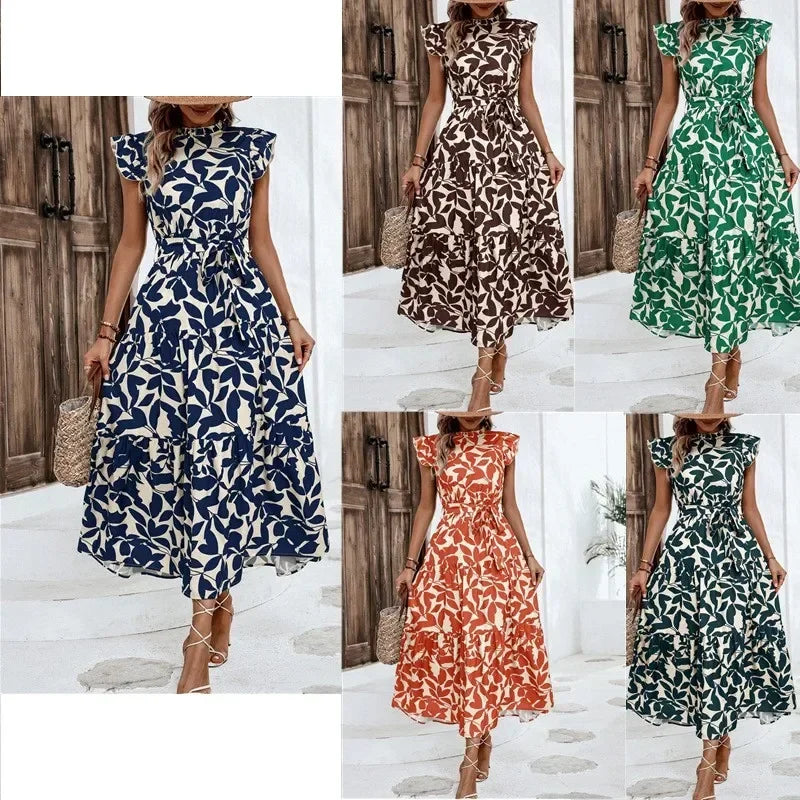 Floral Flying Sleeve Lace-Up Fairy Dress | A-Line Midi Women's Summer Dress