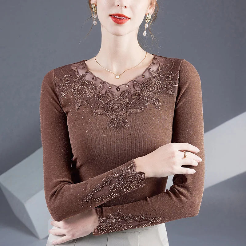 Embroidered Diamond Lace Long Sleeve Top – Loose Fit O-Neck Women's Tee