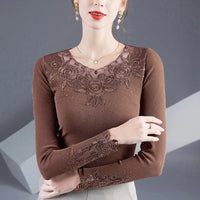 Embroidered Diamond Lace Long Sleeve Top – Loose Fit O-Neck Women's Tee