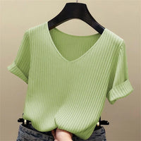V-Neck Short Sleeve Knit Blouse – Solid High-Stretch Women's Pullover Top