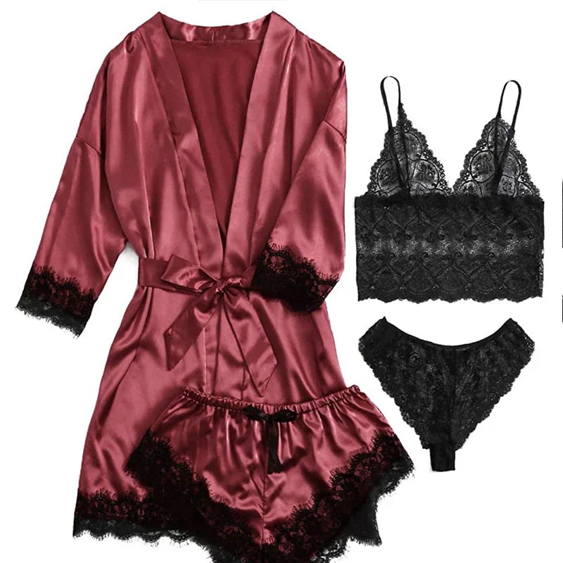 Conjunto Pijama Sexy 4 Piezas con Encaje - Camisola, Shorts, Bata y Lencería Mujer
