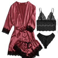 Conjunto Pijama Sexy 4 Piezas con Encaje - Camisola, Shorts, Bata y Lencería Mujer