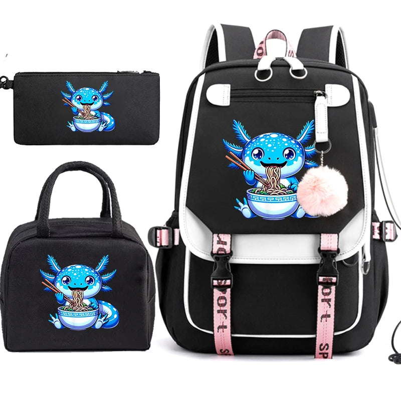 Mochila Escolar Anime Boba Axolotl con Lonchera y Estuche - Set 3 Piezas para Adolescentes