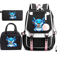 Mochila Escolar Anime Boba Axolotl con Lonchera y Estuche - Set 3 Piezas para Adolescentes