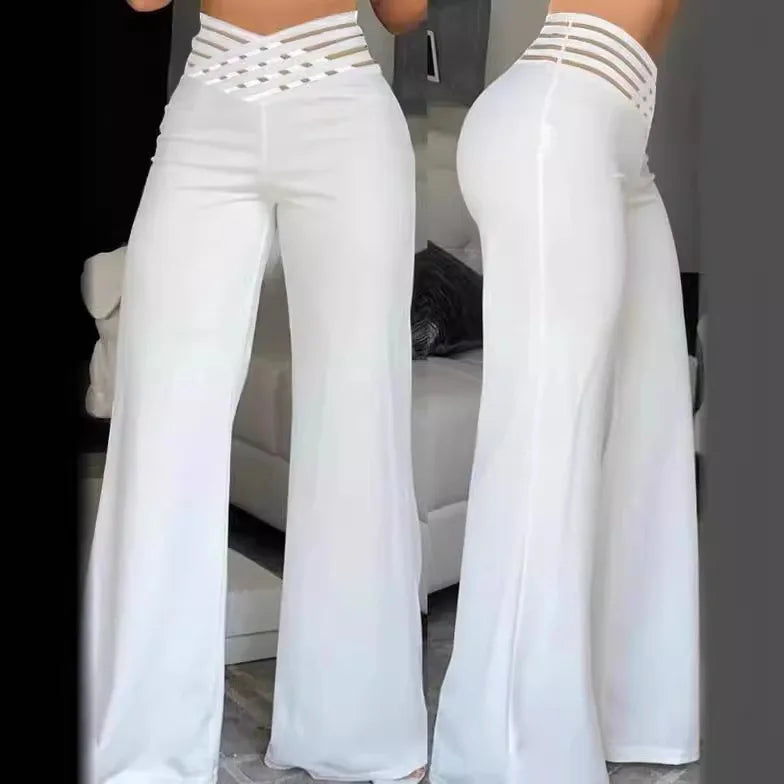 High Waist Loose Long Pants Wide Leg Pants Hollow out Belt Casual Loose Fit Ladies Fashion Polyester Fiber Printed