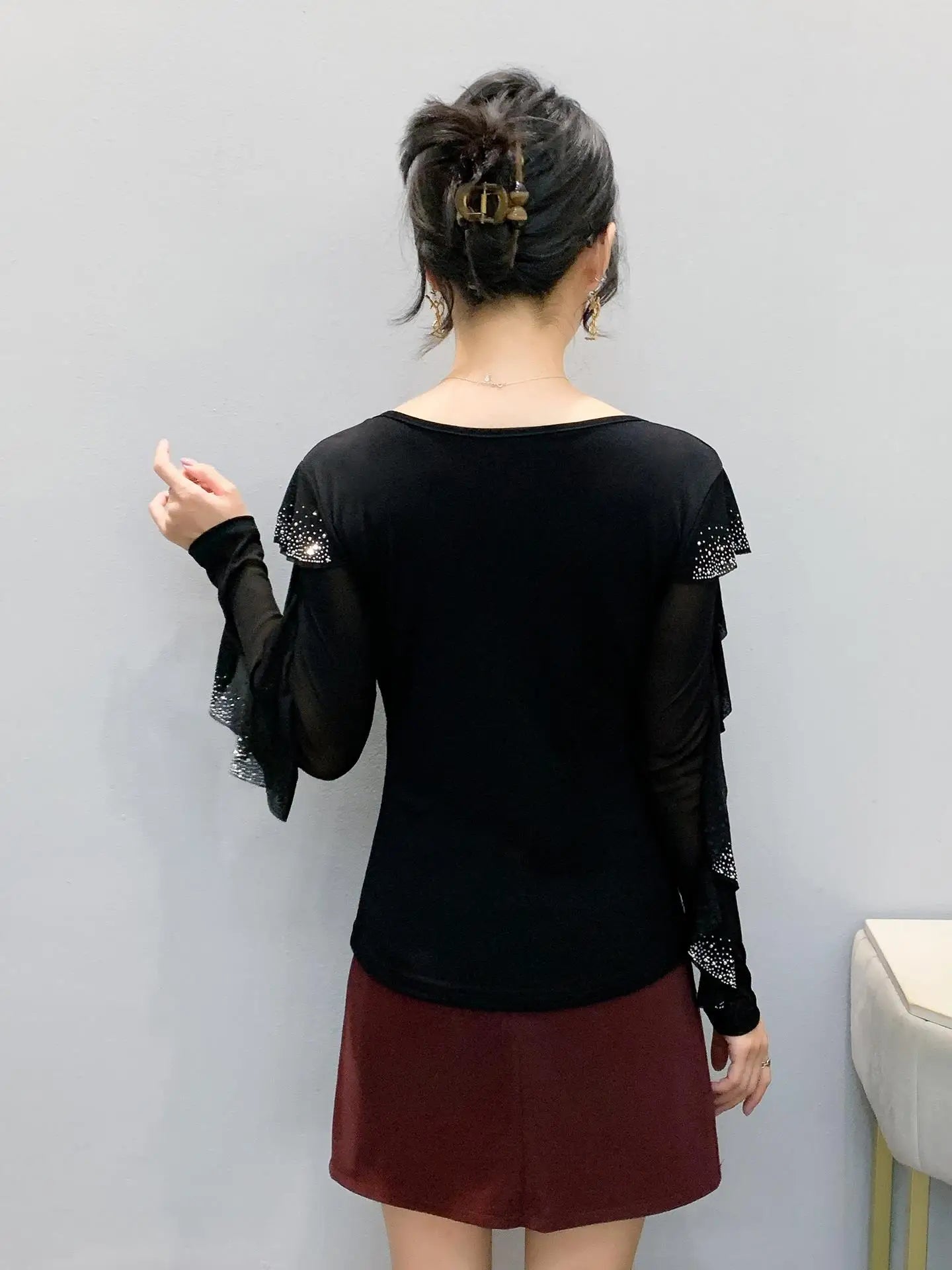 Women's Long Sleeve V-Neck Top | Flounce Sleeves, Lace & Sequin Detail, Slim Fit
