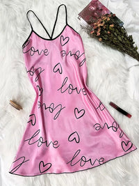 Camisón de Satén con Corazones para San Valentín - Lencería Sexy Espalda Descubierta para Mujer