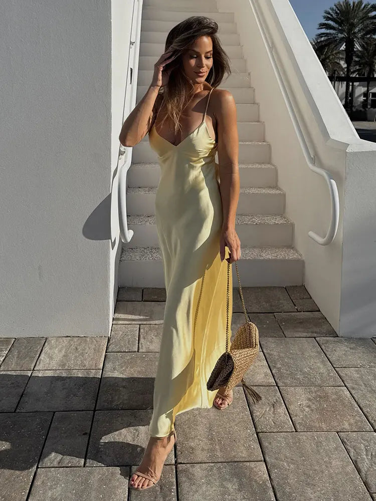 Vestido Satinado Amarillo Mujer - Maxi Vestido Cuello V Sin Mangas para Fiesta y Vacaciones
