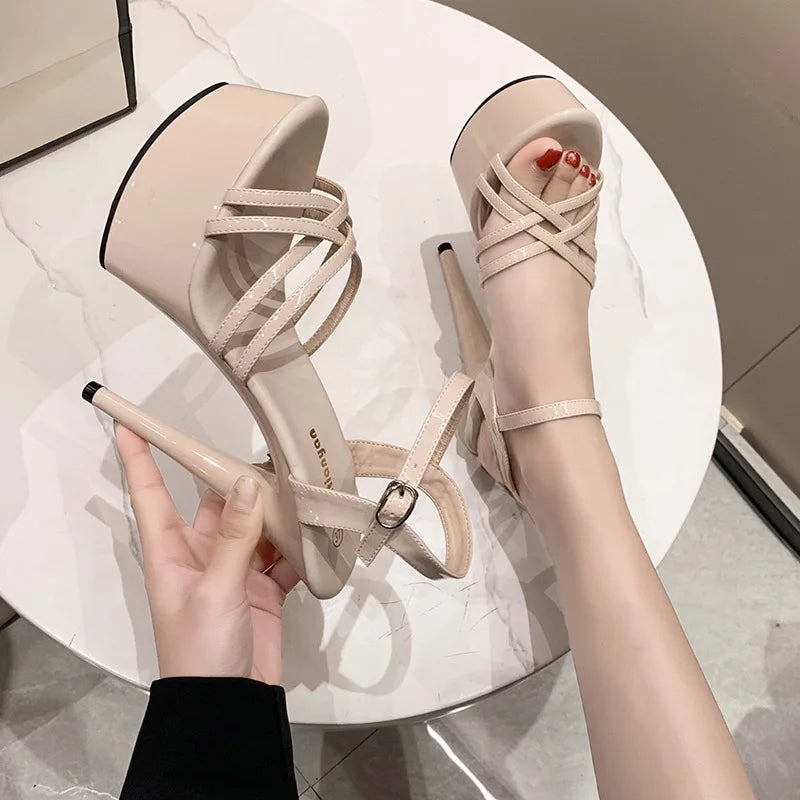Fish Mouth Sandals High Heels Women Pumps Office Breathable Hollow Out Square Boots Summer Platform Heels Party Wedding Shoes