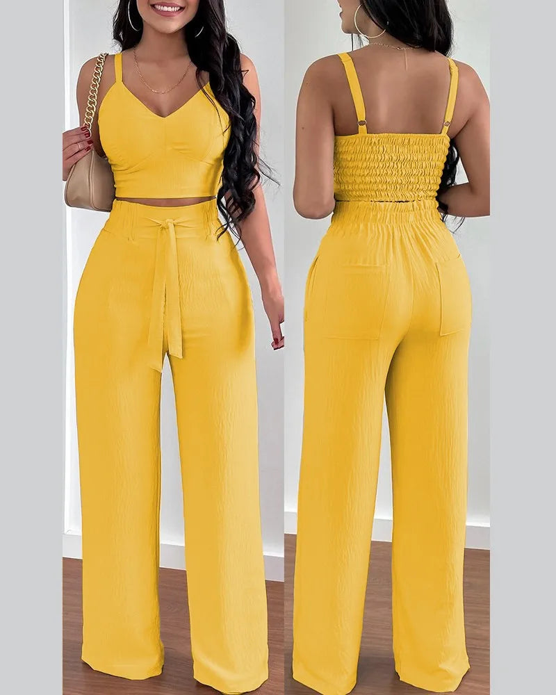 Women's V-Neck Shirred Crop Top & Wide Leg Pants Set | Elegant 2-Piece Office Suit