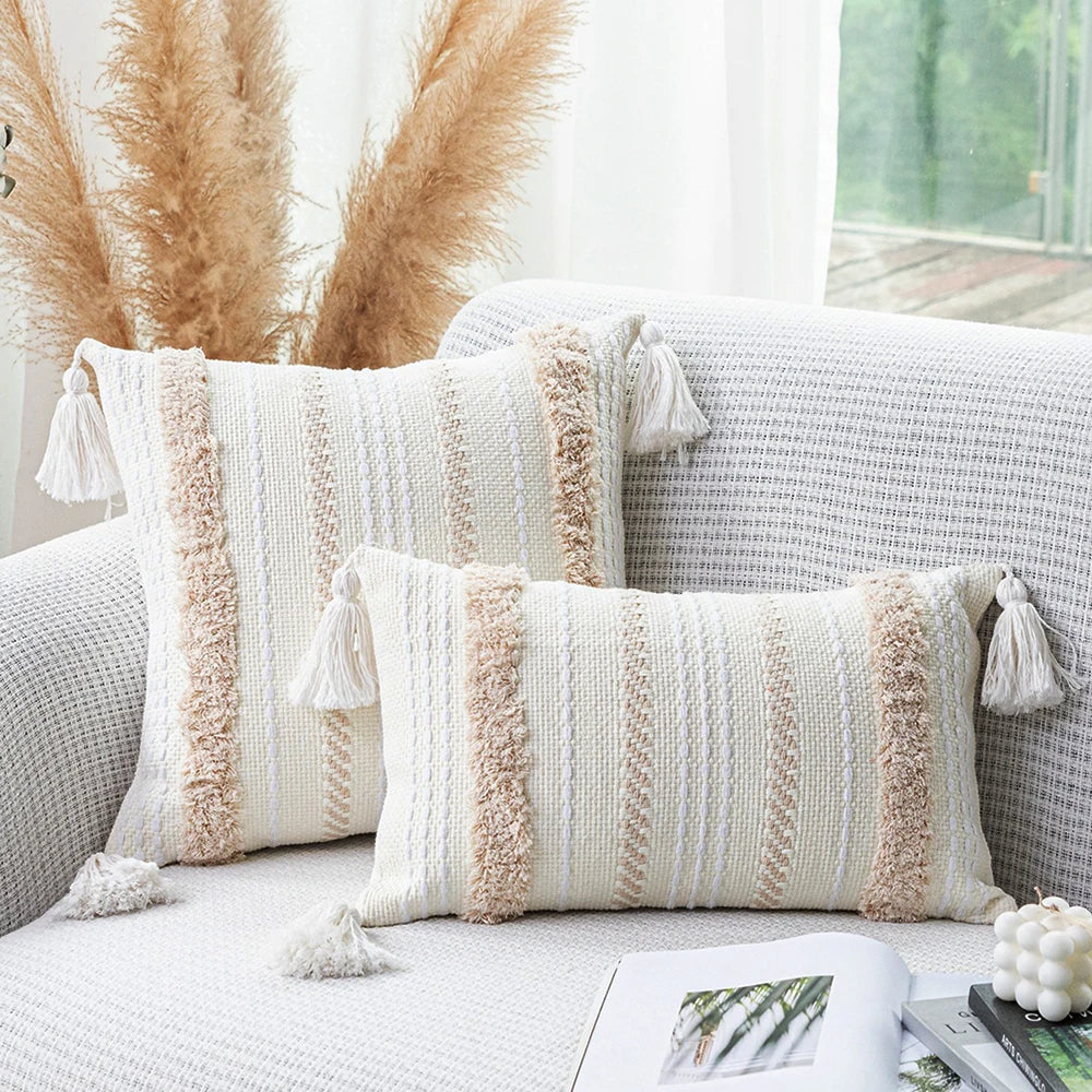 Boho Tufted Throw Pillow Cover with Tassels | Neutral Woven Cushion Case