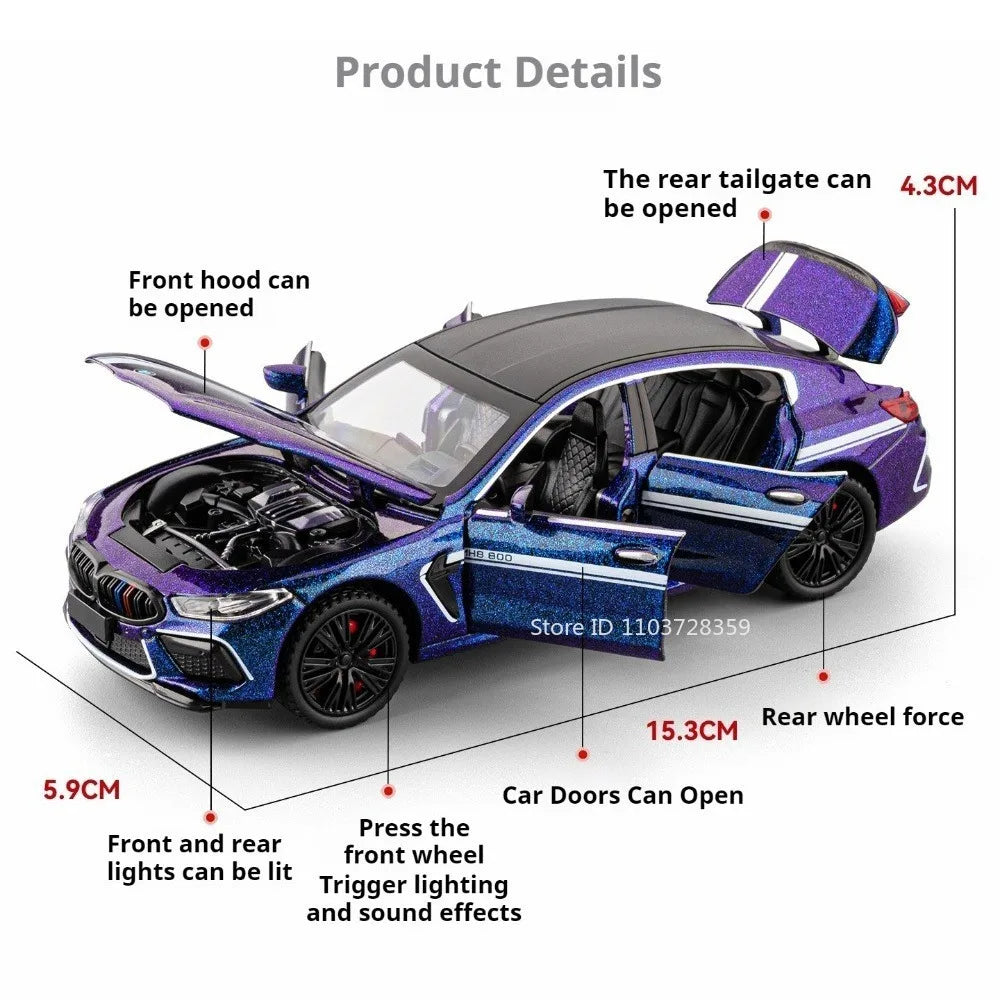 Modelo Auto BMW M8/M4 1:32 Aleación Diecast - Puertas Abren, Luz, Sonido y Pull Back Regalo Niños