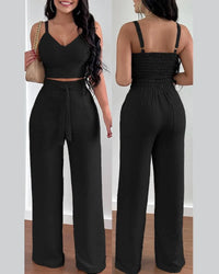 Women's V-Neck Shirred Crop Top & Wide Leg Pants Set | Elegant 2-Piece Office Suit