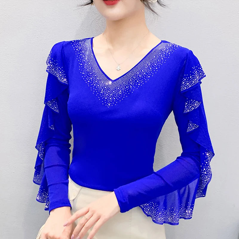 Korean Mesh Ruffle Top with Hot Diamonds | Long Sleeve Slim Fit Women's Shirt