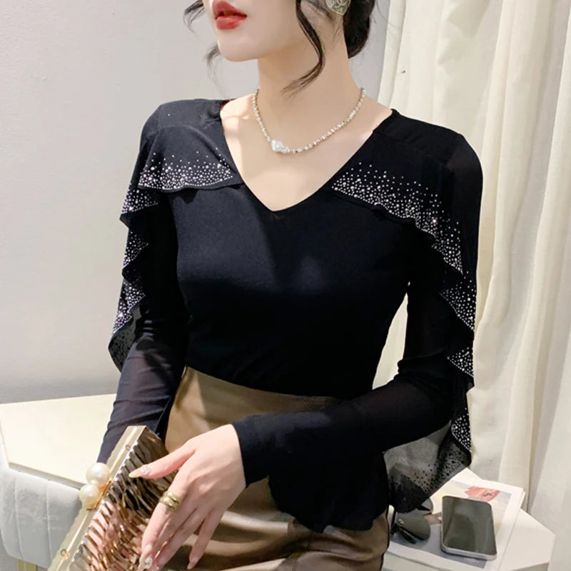 Korean Mesh Ruffle Top with Hot Diamonds | Long Sleeve Slim Fit Women's Shirt