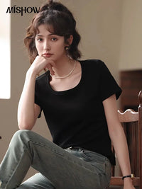 Camiseta Mujer Cuello Cuadrado - Manga Corta Algodón Elegante Oficina Primavera