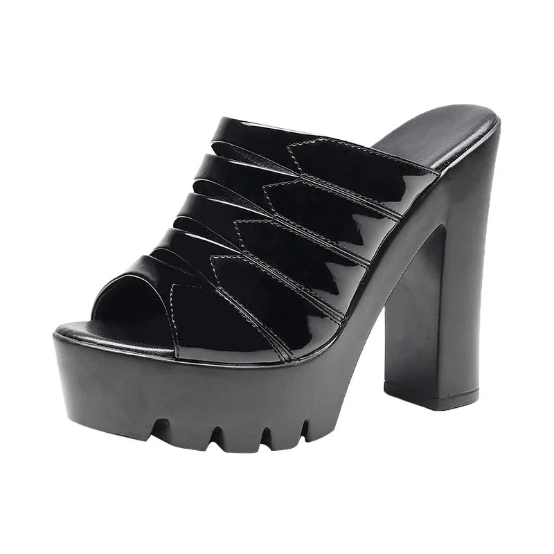 Big Size 32-43 Patent Leather Slippers Women Wedding Shoes Summer 2026 High Heels Slides Ladies Block Heel Platform Slippers