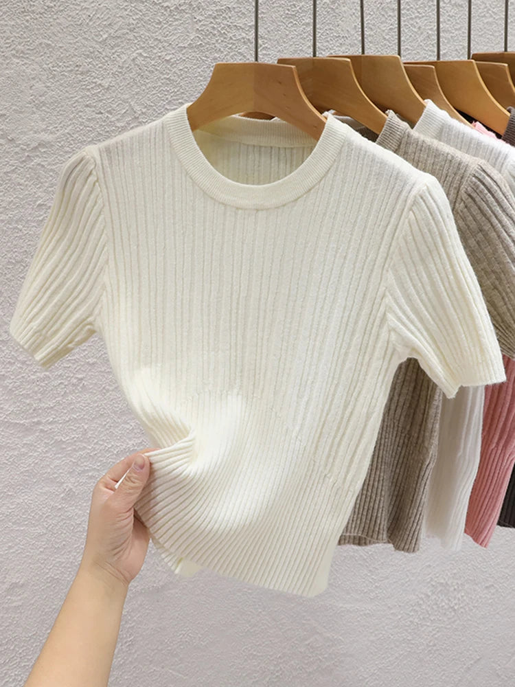 Korean Knit Slim Fit T-Shirt – Solid Color Short Sleeve Women's Streetwear Tee