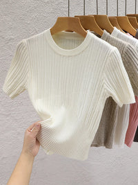 Korean Knit Slim Fit T-Shirt – Solid Color Short Sleeve Women's Streetwear Tee