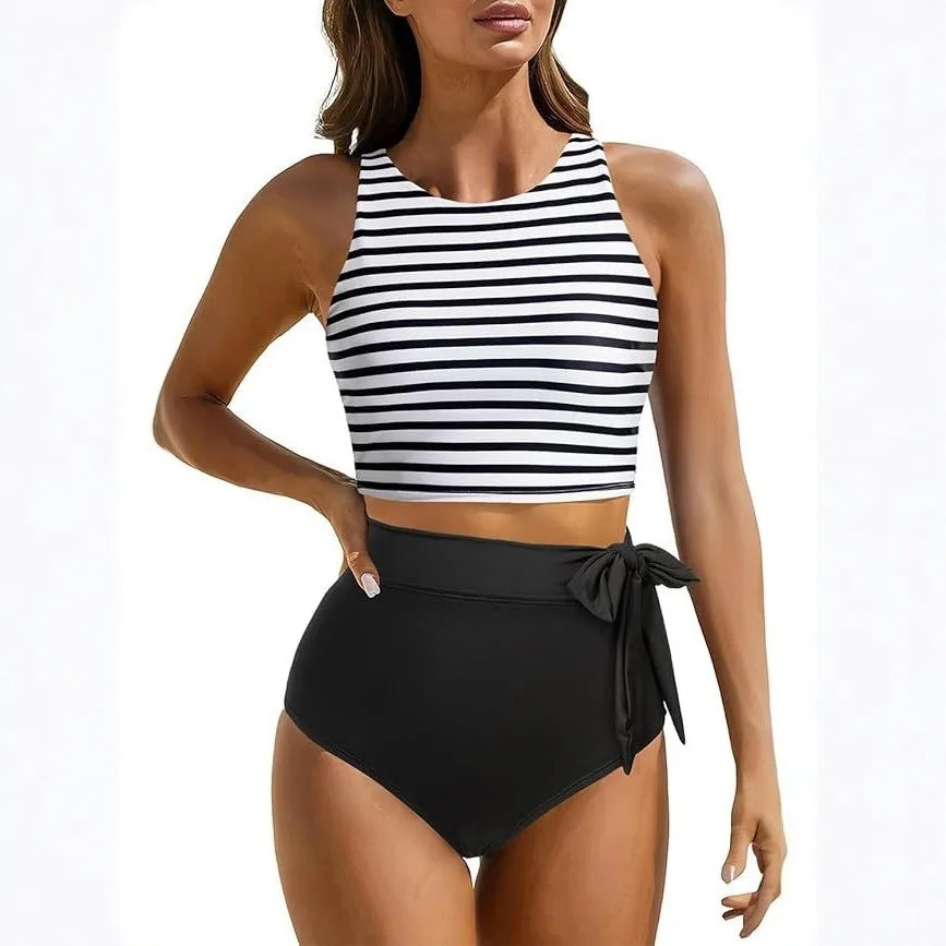 Women's High Waist Bandeau Bikini Set | Solid Color Sporty Swimwear | 2-Piece