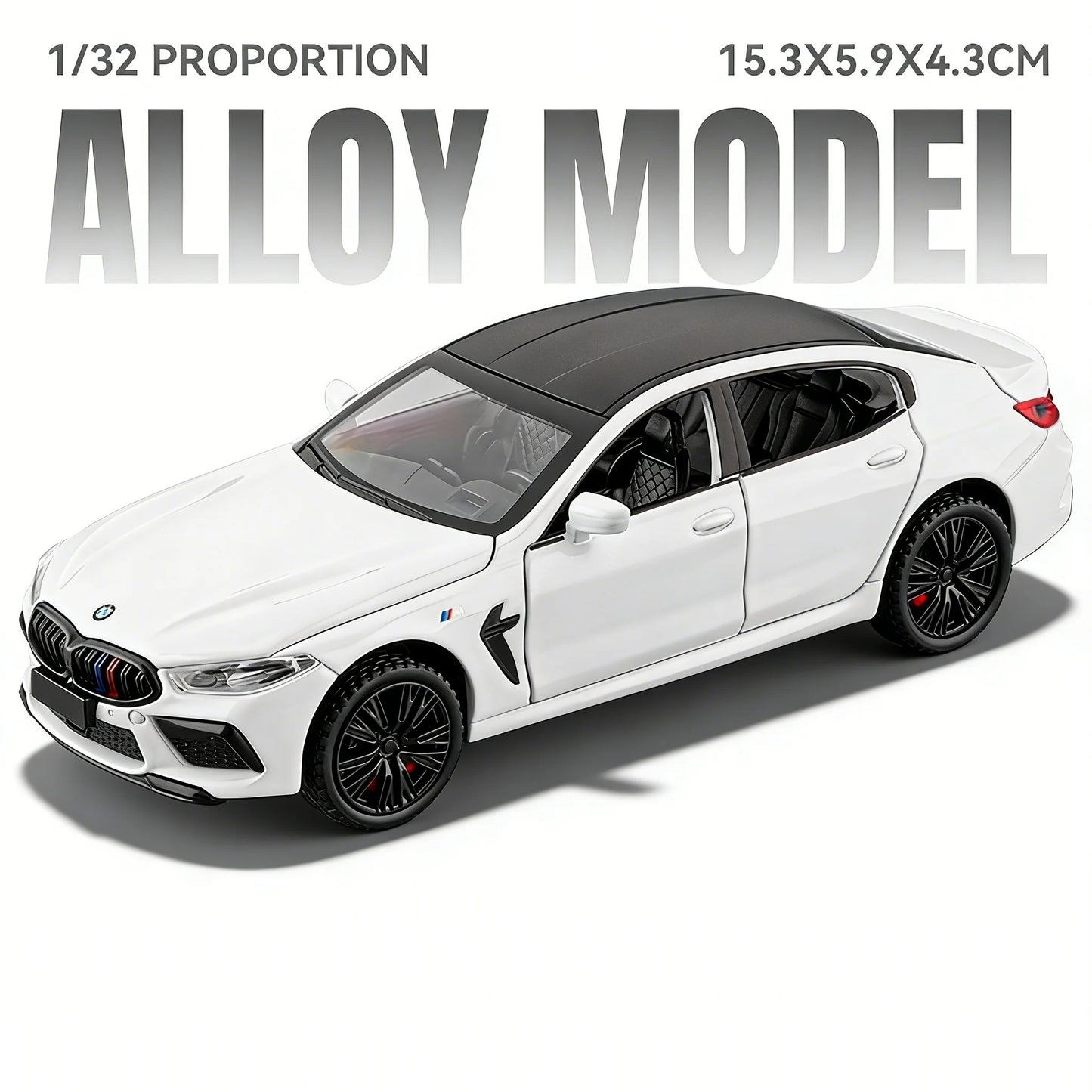 Modelo Auto BMW M8/M4 1:32 Aleación Diecast - Puertas Abren, Luz, Sonido y Pull Back Regalo Niños