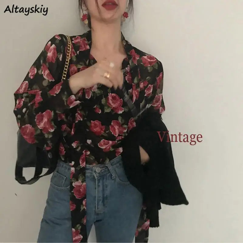 Retro Floral Lace-Up Bow Collar Long Sleeve Blouse – Korean Style Women's Top