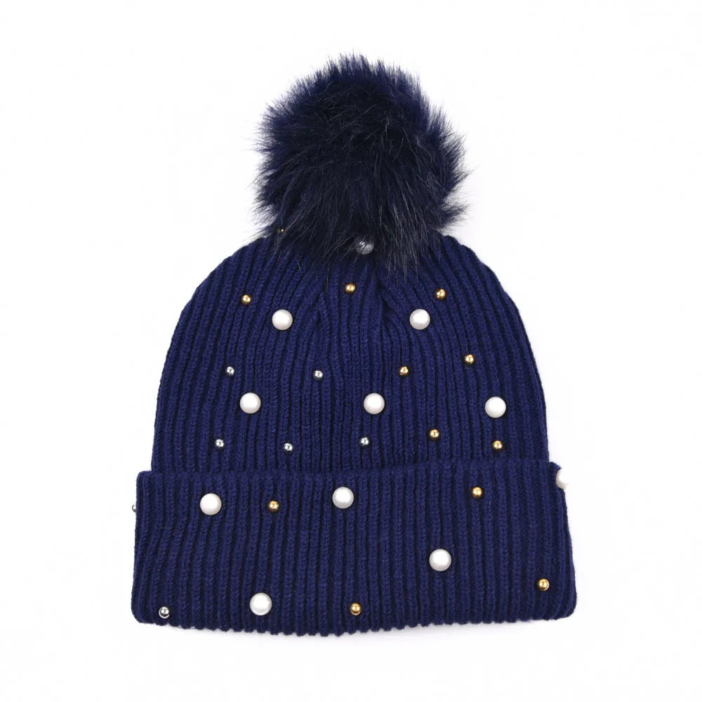 Gorro Invierno Mujer con Pompones y Perlas - Beanie Lana Tejido Cálido y Elegante