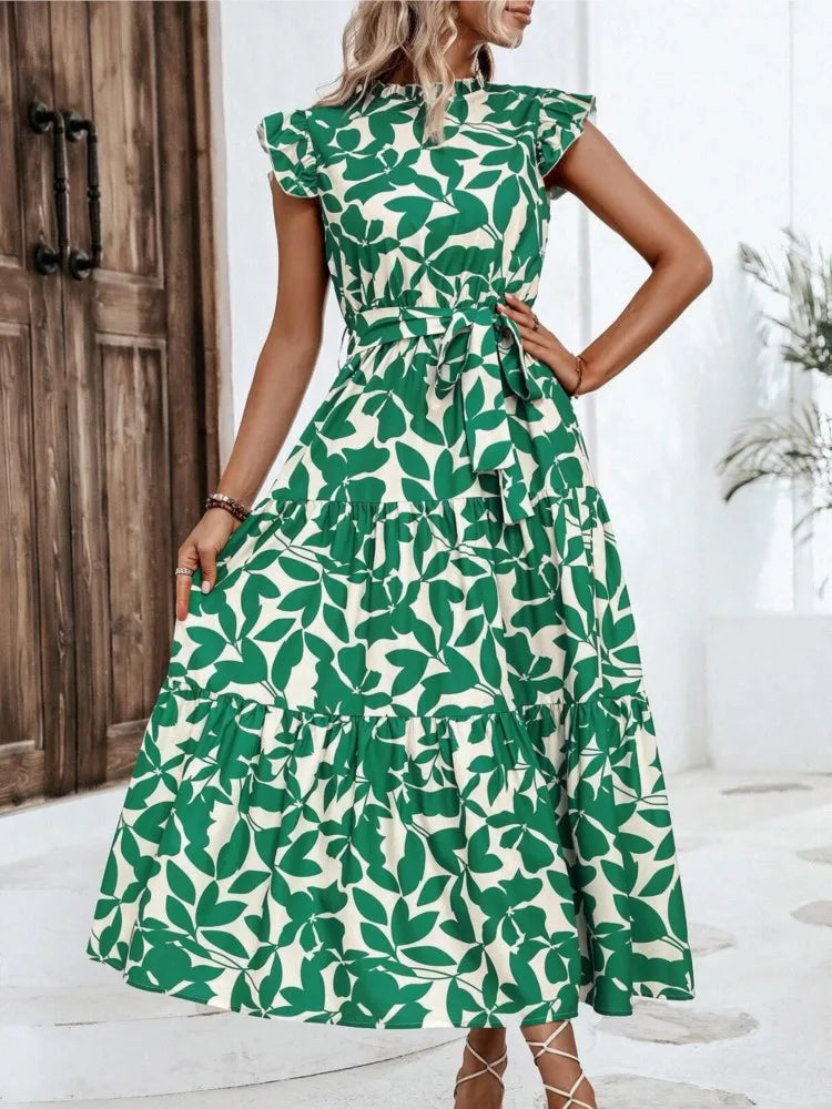 Floral Flying Sleeve Lace-Up Midi Dress | Elegant A-Line Empire Waist Women's Summer Dress