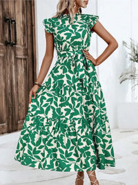 Floral Flying Sleeve Lace-Up Midi Dress | Elegant A-Line Empire Waist Women's Summer Dress