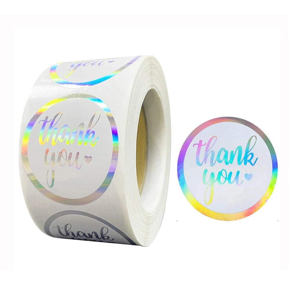 50-500pcs Rainbow Laser Thank You Stickers 1 Inch White Thank You Small Business Sticker For Crafts Gift Packaging