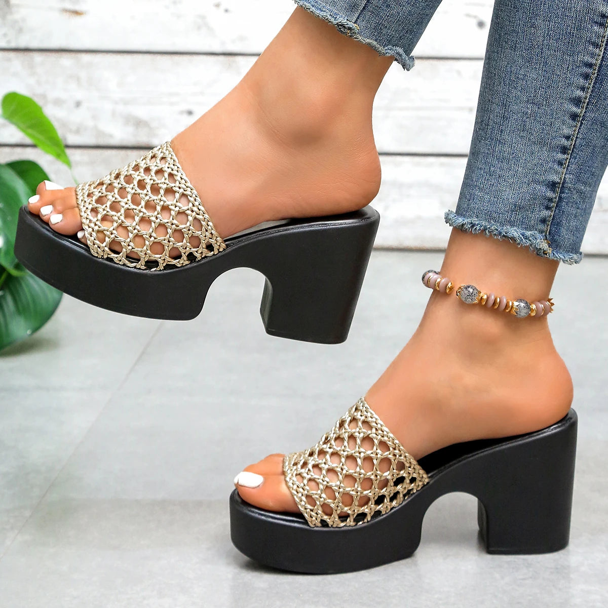 Women's Platform Chunky Heel Woven Slippers | Open Toe Hollow Sandals | US 5.5–10