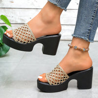 Women's Platform Chunky Heel Woven Slippers | Open Toe Hollow Sandals | US 5.5–10