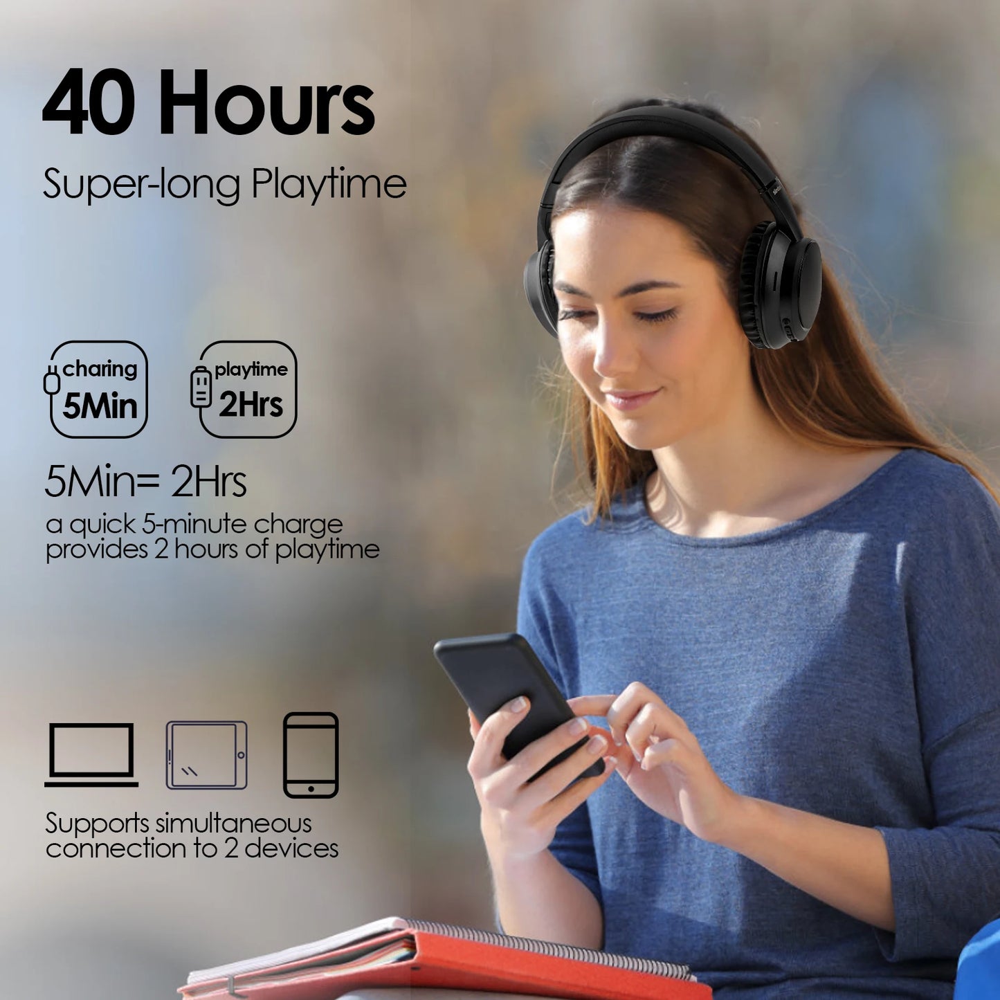 Siindoo JH-820 Wireless Bluetooth Headphones, 60H Playtime,3 EQ Sound Modes,Foldable Lightweight Bluetooth 5.4 for Travel Study