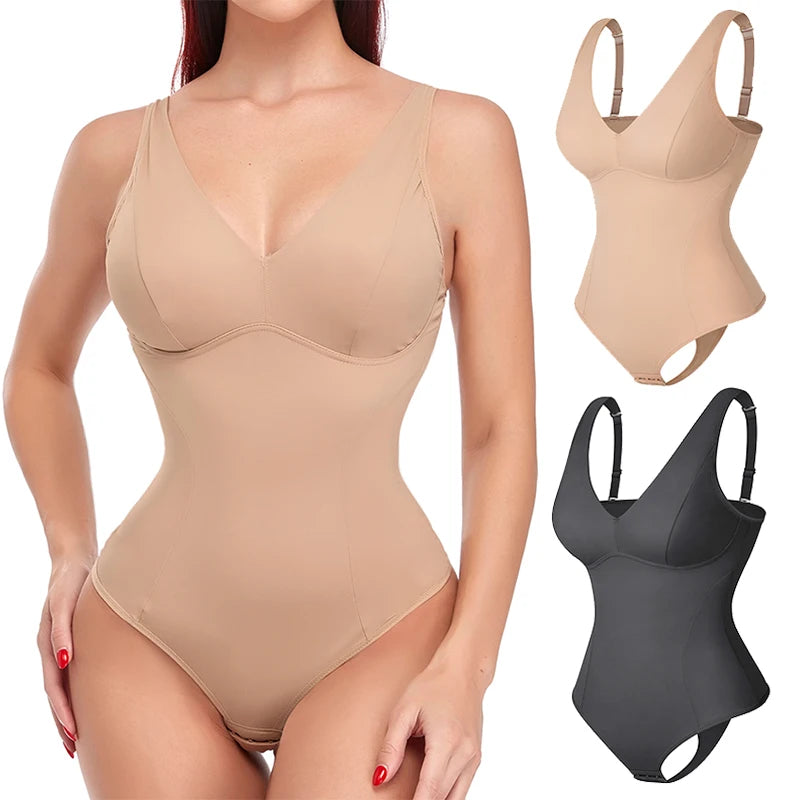 Deep V-Neck Thong Bodysuit Shapewear with Built-In Bra & Waist Trainer