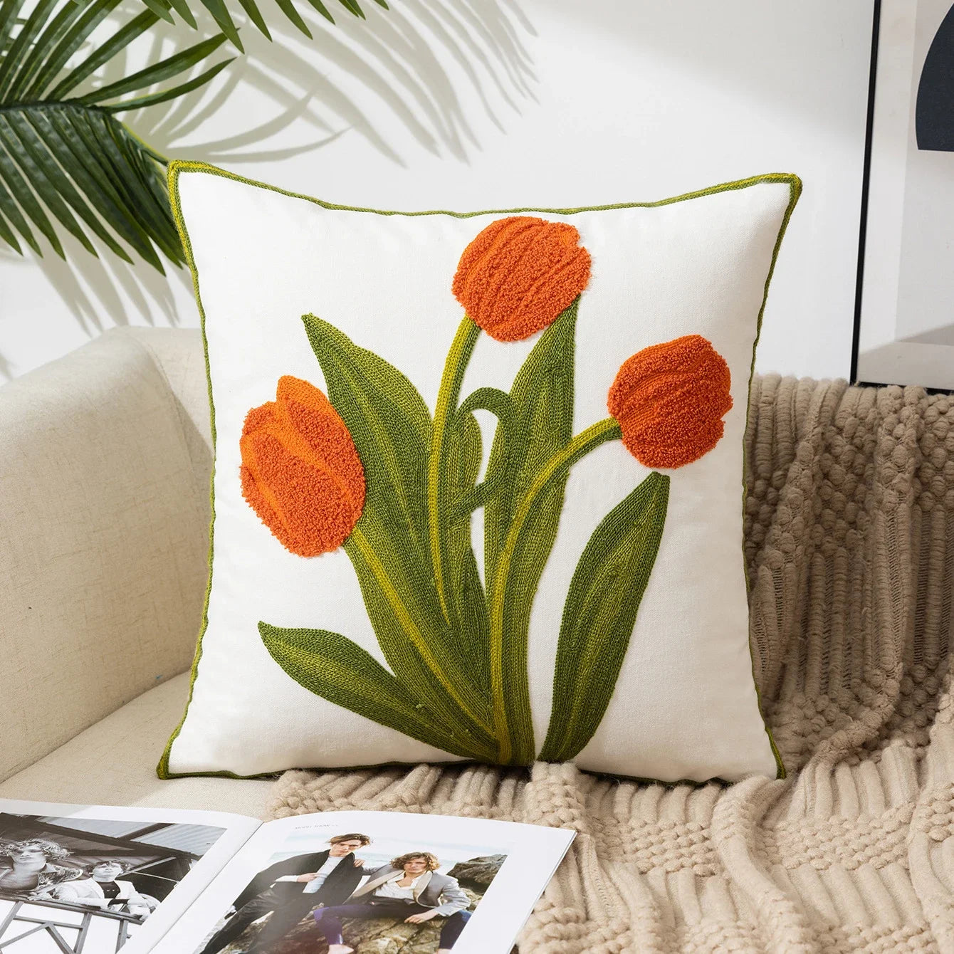 Floral Embroidered Cotton Pillow Cover - Rustic Decorative Cushion Case