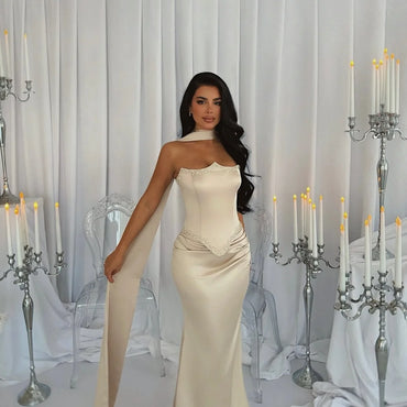 Bella White Silk Scarf Mermaid Gown - Strapless Backless Evening Dress