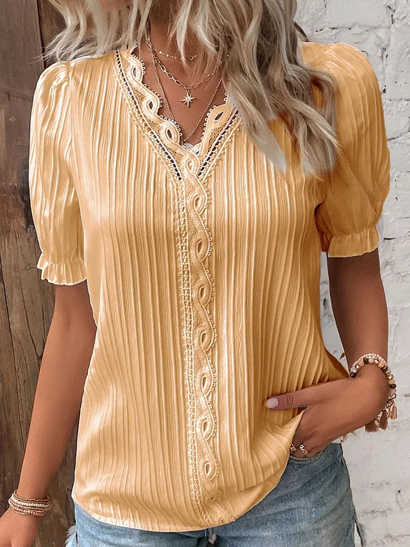 V-Neck Hollow Short Sleeve Blouse – Solid Chiffon Loose Fit Women's Top