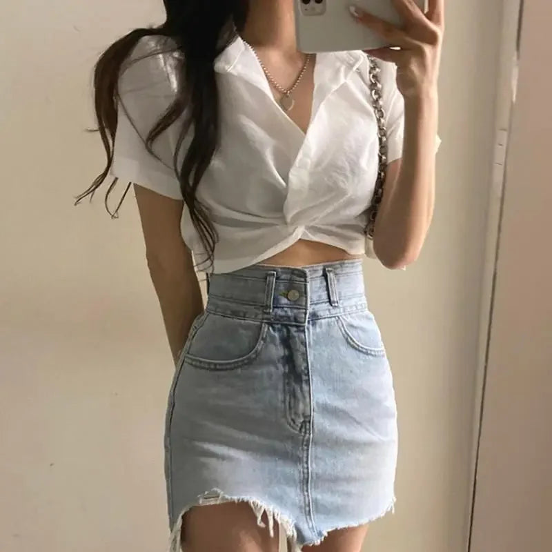 Cross-Front Turn-Down Collar Crop Blouse – Korean Chic Slim Fit Women's Summer Top